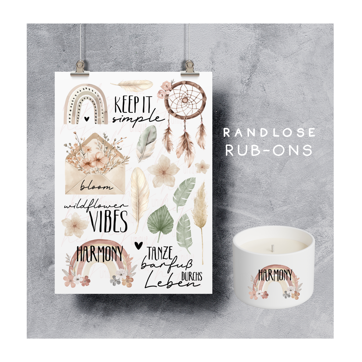Rub On Aufkleber Boho A5 Deko  Warum du unsere Rub-Ons lieben wirst:  ✔ Randloser Premium-Look   ✔ Besondere Haptik   ✔ Präzise Platzierung dank transparenter Trägerfolie  ✔ Wasser- und kratzfest // Hitze- und UV-beständig   ✔ Starke Haftung auf Glas, Keramik, Holz, Raysin u.v.m.  ✔ Langlebig und hochwertig verarbeitet  ✔ Auch gewerblich nutzbar – keine zusätzliche Lizenz nötig