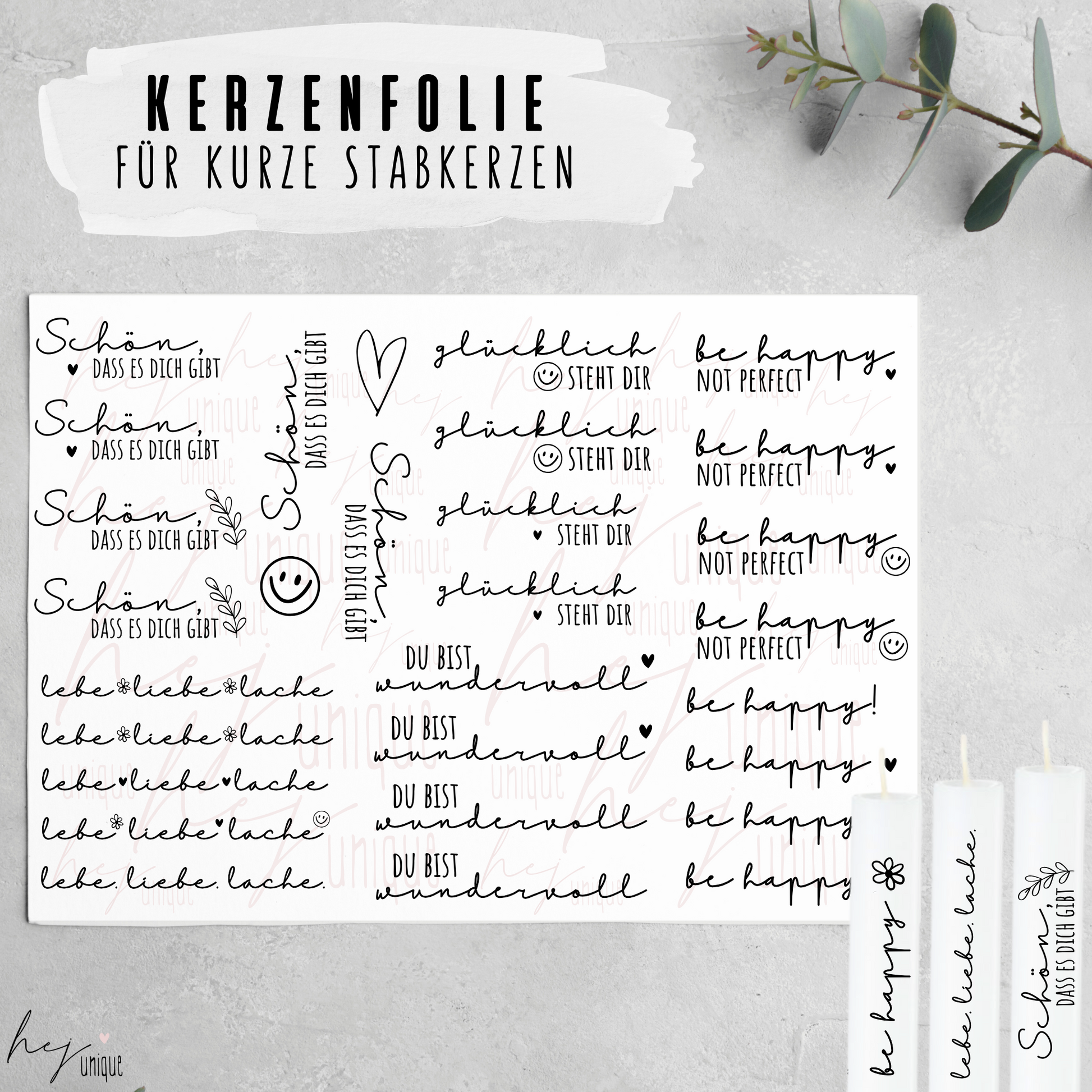 Kerzenfolie Sei glücklich kurze Kerzen Warum du unsere Kerzenfolie lieben wirst:  ✔ Edle Premium-Folie mit hochwertiger Optik  ✔ Speziell für Kerzen entwickelt   ✔ Aktivierung des Klebers ganz einfach mit Wasser   ✔ Wischfest und langlebig bei sorgfältiger Verarbeitung  ✔ Besonders elastisch – passt sich Kerzenoberfläche optimal an  ✔ Gewerblich nutzbar – keine zusätzliche Lizenz nötig