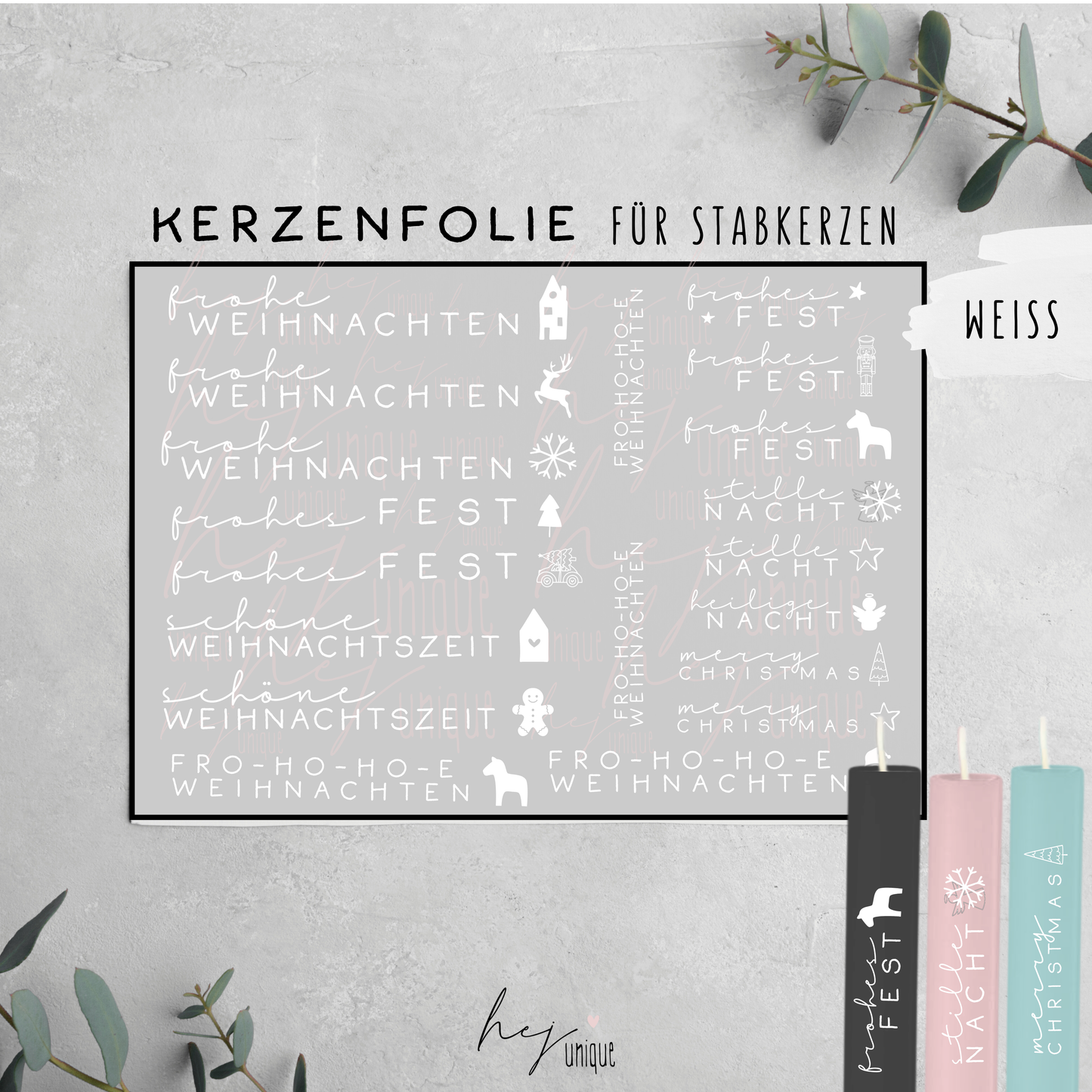 Kerzenfolie Schriftzüge mit Symbol Warum du unsere Kerzenfolie lieben wirst:  ✔ Edle Premium-Folie mit hochwertiger Optik  ✔ Speziell für Kerzen entwickelt   ✔ Aktivierung des Klebers ganz einfach mit Wasser   ✔ Wischfest und langlebig bei sorgfältiger Verarbeitung  ✔ Besonders elastisch – passt sich Kerzenoberfläche optimal an  ✔ Gewerblich nutzbar – keine zusätzliche Lizenz nötig