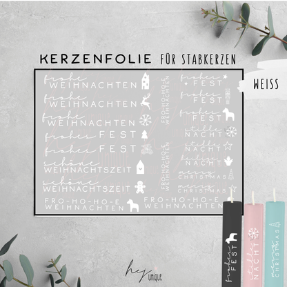 Kerzenfolie Schriftzüge mit Symbol Warum du unsere Kerzenfolie lieben wirst:  ✔ Edle Premium-Folie mit hochwertiger Optik  ✔ Speziell für Kerzen entwickelt   ✔ Aktivierung des Klebers ganz einfach mit Wasser   ✔ Wischfest und langlebig bei sorgfältiger Verarbeitung  ✔ Besonders elastisch – passt sich Kerzenoberfläche optimal an  ✔ Gewerblich nutzbar – keine zusätzliche Lizenz nötig