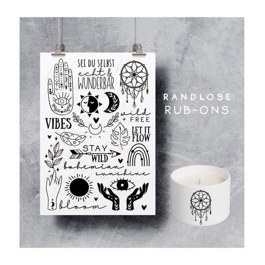 Rub On Aufkleber Boho schwarzweiss A5 Warum du unsere Rub-Ons lieben wirst:  ✔ Randloser Premium-Look   ✔ Besondere Haptik   ✔ Präzise Platzierung dank transparenter Trägerfolie  ✔ Wasser- und kratzfest // Hitze- und UV-beständig   ✔ Starke Haftung auf Glas, Keramik, Holz, Raysin u.v.m.  ✔ Langlebig und hochwertig verarbeitet  ✔ Auch gewerblich nutzbar – keine zusätzliche Lizenz nötig