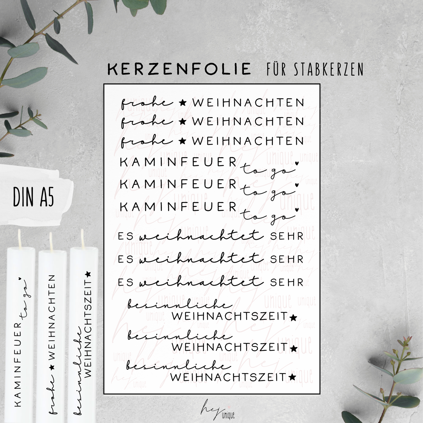Kerzenfolie Schriftzüge Es weihnachtet sehr normale Stabkerzen Warum du unsere Kerzenfolie lieben wirst:  ✔ Edle Premium-Folie mit hochwertiger Optik  ✔ Speziell für Kerzen entwickelt   ✔ Aktivierung des Klebers ganz einfach mit Wasser   ✔ Wischfest und langlebig bei sorgfältiger Verarbeitung  ✔ Besonders elastisch – passt sich Kerzenoberfläche optimal an  ✔ Gewerblich nutzbar – keine zusätzliche Lizenz nötig