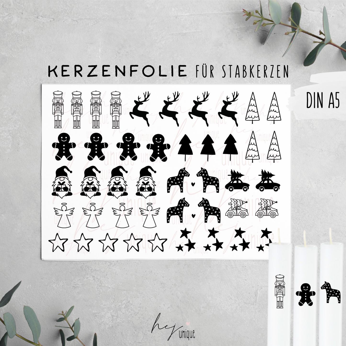 Kerzenfolie Weihnachtliche Motive Warum du unsere Kerzenfolie lieben wirst:  ✔ Edle Premium-Folie mit hochwertiger Optik  ✔ Speziell für Kerzen entwickelt   ✔ Aktivierung des Klebers ganz einfach mit Wasser   ✔ Wischfest und langlebig bei sorgfältiger Verarbeitung  ✔ Besonders elastisch – passt sich Kerzenoberfläche optimal an  ✔ Gewerblich nutzbar – keine zusätzliche Lizenz nötig