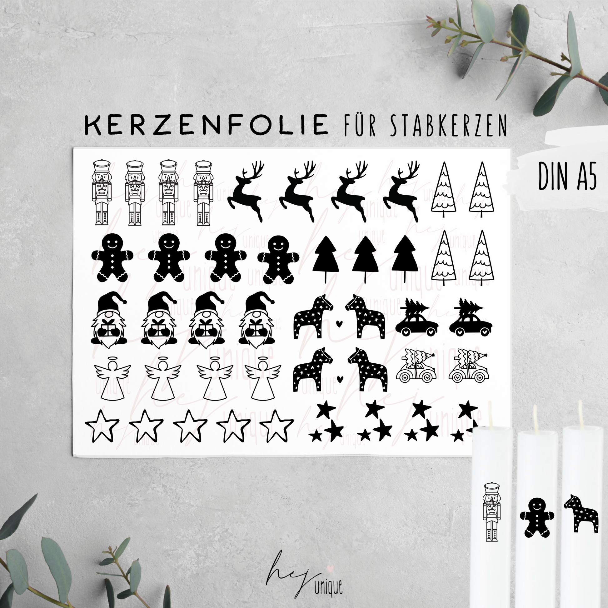 Kerzenfolie Weihnachtliche Motive Warum du unsere Kerzenfolie lieben wirst:  ✔ Edle Premium-Folie mit hochwertiger Optik  ✔ Speziell für Kerzen entwickelt   ✔ Aktivierung des Klebers ganz einfach mit Wasser   ✔ Wischfest und langlebig bei sorgfältiger Verarbeitung  ✔ Besonders elastisch – passt sich Kerzenoberfläche optimal an  ✔ Gewerblich nutzbar – keine zusätzliche Lizenz nötig
