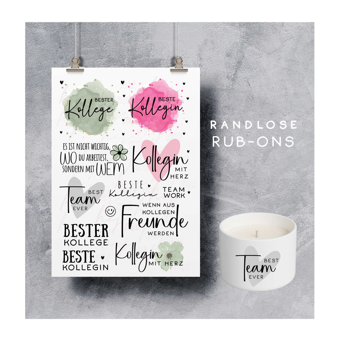 Rub On Aufkleber Kollege Kollegin A5 Warum du unsere Rub-Ons lieben wirst:  ✔ Randloser Premium-Look   ✔ Besondere Haptik   ✔ Präzise Platzierung dank transparenter Trägerfolie  ✔ Wasser- und kratzfest // Hitze- und UV-beständig   ✔ Starke Haftung auf Glas, Keramik, Holz, Raysin u.v.m.  ✔ Langlebig und hochwertig verarbeitet  ✔ Auch gewerblich nutzbar – keine zusätzliche Lizenz nötig
