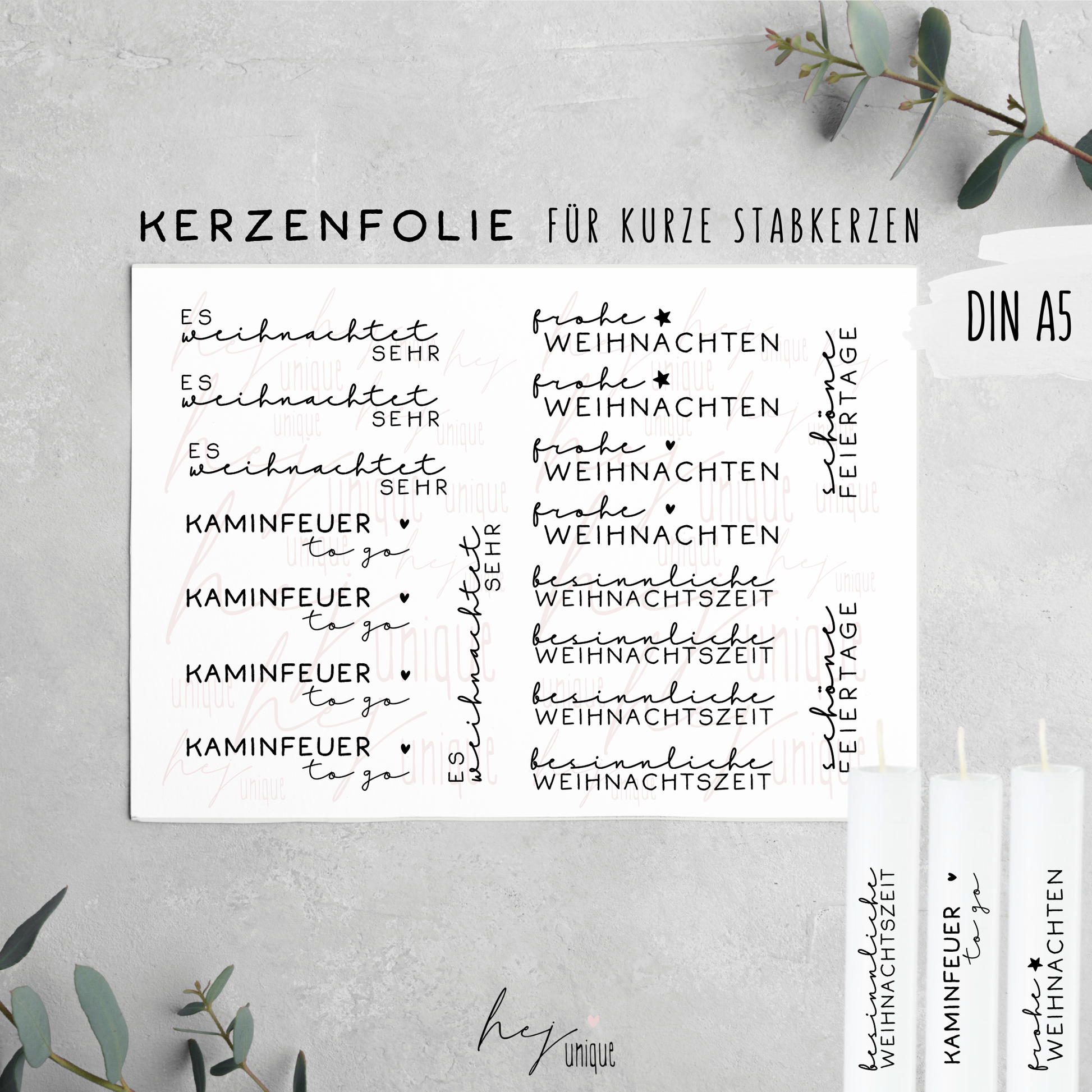 Kerzenfolie Schriftzüge Es weihnachtet sehr kurze Stabkerzen Warum du unsere Kerzenfolie lieben wirst:  ✔ Edle Premium-Folie mit hochwertiger Optik  ✔ Speziell für Kerzen entwickelt   ✔ Aktivierung des Klebers ganz einfach mit Wasser   ✔ Wischfest und langlebig bei sorgfältiger Verarbeitung  ✔ Besonders elastisch – passt sich Kerzenoberfläche optimal an  ✔ Gewerblich nutzbar – keine zusätzliche Lizenz nötig