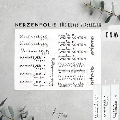 Kerzenfolie Schriftzüge Es weihnachtet sehr kurze Stabkerzen Warum du unsere Kerzenfolie lieben wirst:  ✔ Edle Premium-Folie mit hochwertiger Optik  ✔ Speziell für Kerzen entwickelt   ✔ Aktivierung des Klebers ganz einfach mit Wasser   ✔ Wischfest und langlebig bei sorgfältiger Verarbeitung  ✔ Besonders elastisch – passt sich Kerzenoberfläche optimal an  ✔ Gewerblich nutzbar – keine zusätzliche Lizenz nötig