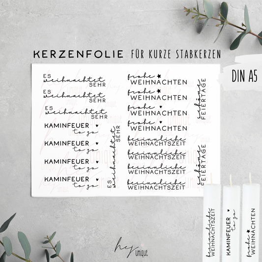 Kerzenfolie Schriftzüge Es weihnachtet sehr kurze Stabkerzen Warum du unsere Kerzenfolie lieben wirst:  ✔ Edle Premium-Folie mit hochwertiger Optik  ✔ Speziell für Kerzen entwickelt   ✔ Aktivierung des Klebers ganz einfach mit Wasser   ✔ Wischfest und langlebig bei sorgfältiger Verarbeitung  ✔ Besonders elastisch – passt sich Kerzenoberfläche optimal an  ✔ Gewerblich nutzbar – keine zusätzliche Lizenz nötig