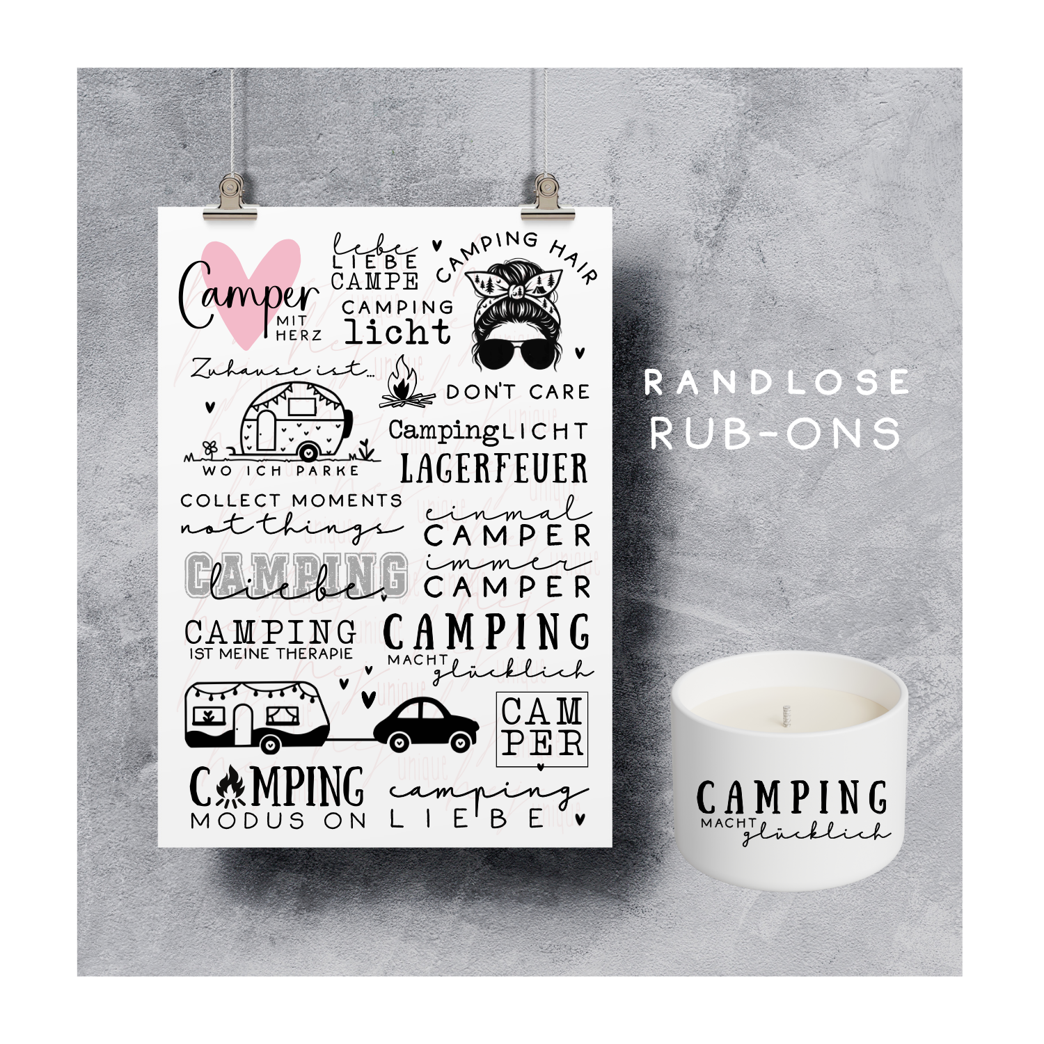 Rub On Aufkleber Camping A5 Warum du unsere Rub-Ons lieben wirst:  ✔ Randloser Premium-Look   ✔ Besondere Haptik   ✔ Präzise Platzierung dank transparenter Trägerfolie  ✔ Wasser- und kratzfest // Hitze- und UV-beständig   ✔ Starke Haftung auf Glas, Keramik, Holz, Raysin u.v.m.  ✔ Langlebig und hochwertig verarbeitet  ✔ Auch gewerblich nutzbar – keine zusätzliche Lizenz nötig