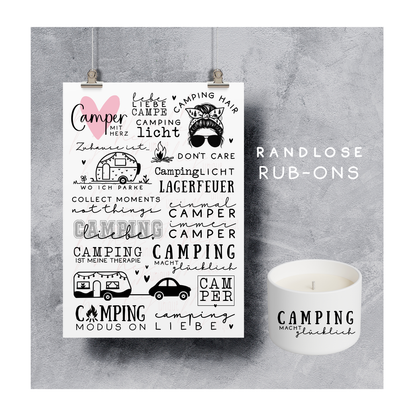 Rub On Aufkleber Camping A5 Warum du unsere Rub-Ons lieben wirst:  ✔ Randloser Premium-Look   ✔ Besondere Haptik   ✔ Präzise Platzierung dank transparenter Trägerfolie  ✔ Wasser- und kratzfest // Hitze- und UV-beständig   ✔ Starke Haftung auf Glas, Keramik, Holz, Raysin u.v.m.  ✔ Langlebig und hochwertig verarbeitet  ✔ Auch gewerblich nutzbar – keine zusätzliche Lizenz nötig