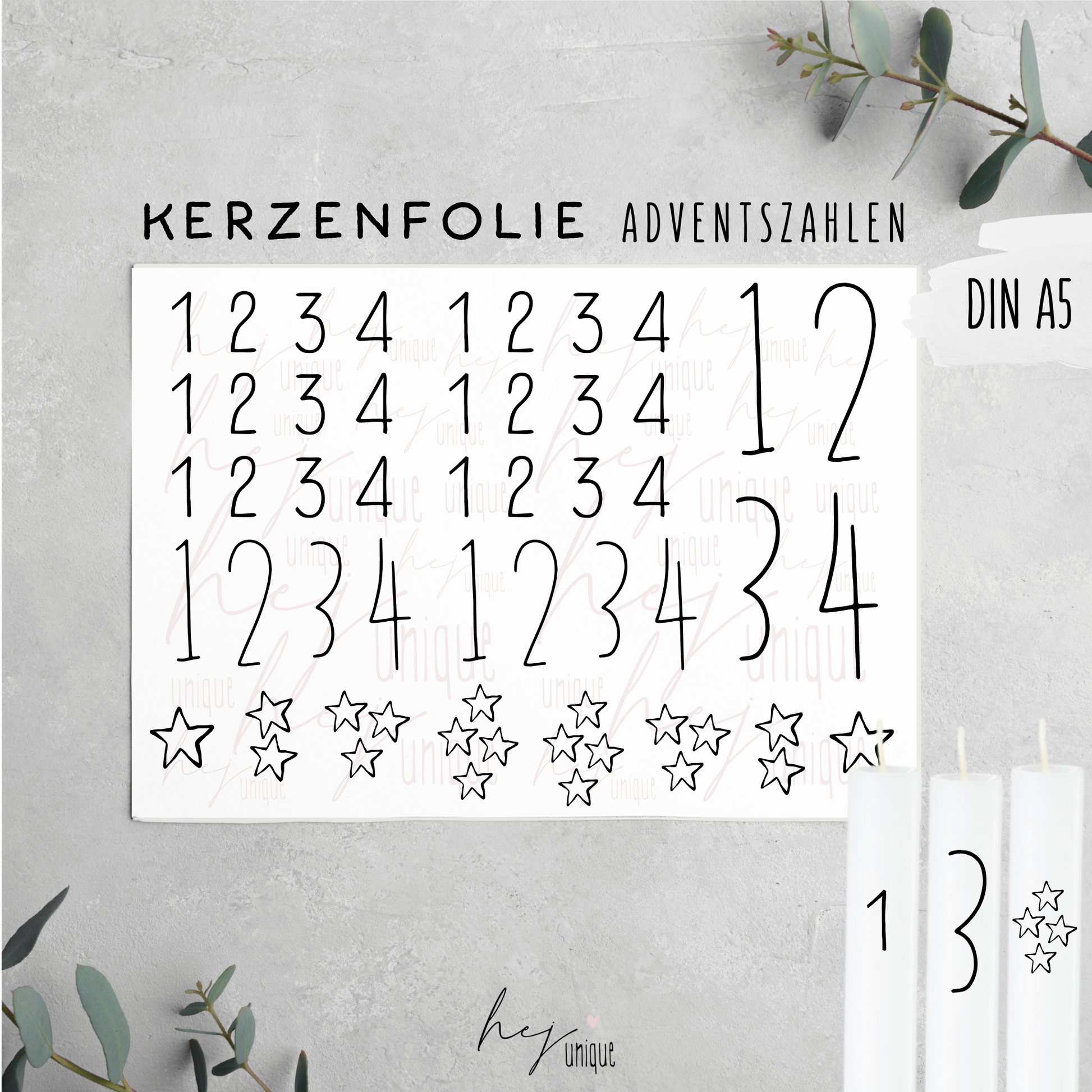 Kerzenfolie Adventszahlen Warum du unsere Kerzenfolie lieben wirst:  ✔ Edle Premium-Folie mit hochwertiger Optik  ✔ Speziell für Kerzen entwickelt   ✔ Aktivierung des Klebers ganz einfach mit Wasser   ✔ Wischfest und langlebig bei sorgfältiger Verarbeitung  ✔ Besonders elastisch – passt sich Kerzenoberfläche optimal an  ✔ Gewerblich nutzbar – keine zusätzliche Lizenz nötig