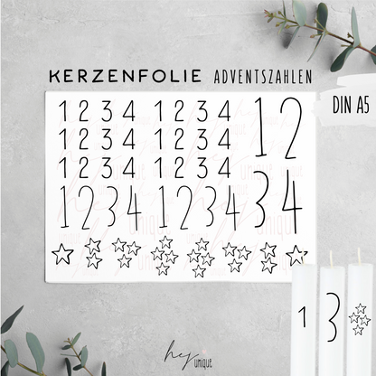 Kerzenfolie Adventszahlen Warum du unsere Kerzenfolie lieben wirst:  ✔ Edle Premium-Folie mit hochwertiger Optik  ✔ Speziell für Kerzen entwickelt   ✔ Aktivierung des Klebers ganz einfach mit Wasser   ✔ Wischfest und langlebig bei sorgfältiger Verarbeitung  ✔ Besonders elastisch – passt sich Kerzenoberfläche optimal an  ✔ Gewerblich nutzbar – keine zusätzliche Lizenz nötig