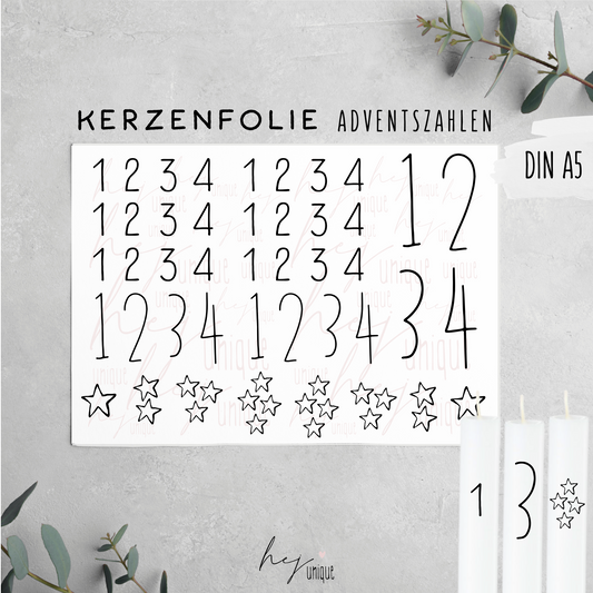 Kerzenfolie Adventszahlen Warum du unsere Kerzenfolie lieben wirst:  ✔ Edle Premium-Folie mit hochwertiger Optik  ✔ Speziell für Kerzen entwickelt   ✔ Aktivierung des Klebers ganz einfach mit Wasser   ✔ Wischfest und langlebig bei sorgfältiger Verarbeitung  ✔ Besonders elastisch – passt sich Kerzenoberfläche optimal an  ✔ Gewerblich nutzbar – keine zusätzliche Lizenz nötig