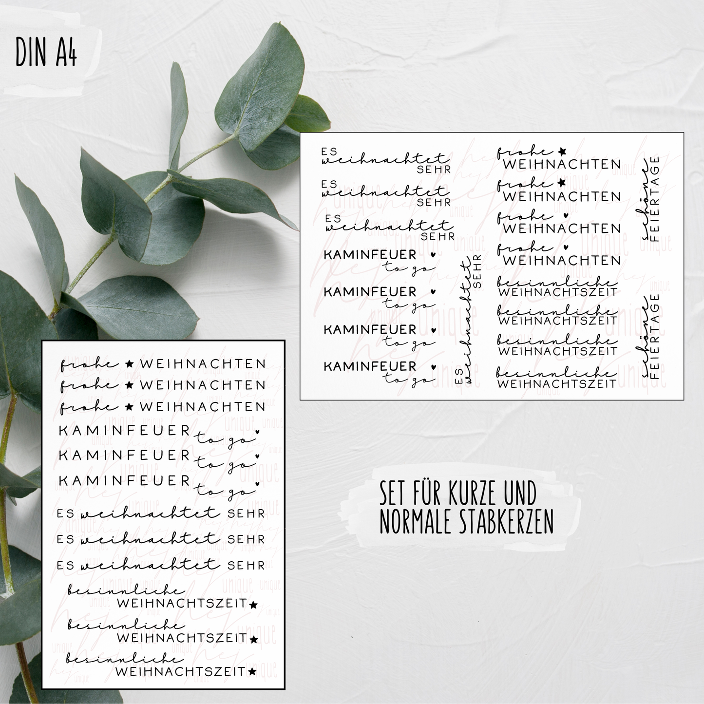 Kerzenfolie Schriftzüge Es weihnachtet sehr normale Stabkerzen Warum du unsere Kerzenfolie lieben wirst:  ✔ Edle Premium-Folie mit hochwertiger Optik  ✔ Speziell für Kerzen entwickelt   ✔ Aktivierung des Klebers ganz einfach mit Wasser   ✔ Wischfest und langlebig bei sorgfältiger Verarbeitung  ✔ Besonders elastisch – passt sich Kerzenoberfläche optimal an  ✔ Gewerblich nutzbar – keine zusätzliche Lizenz nötig
