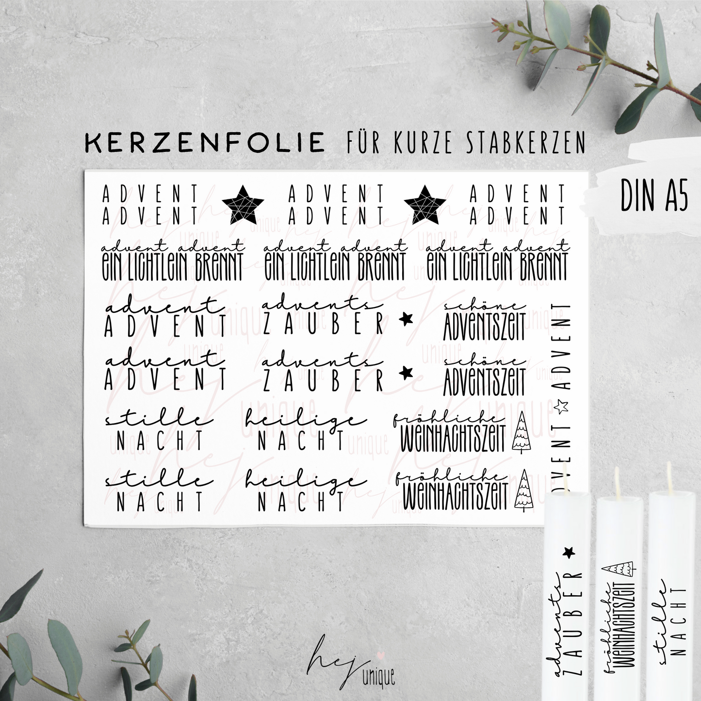Kerzenfolie Schriftzüge Advent kurze Stabkerzen Warum du unsere Kerzenfolie lieben wirst:  ✔ Edle Premium-Folie mit hochwertiger Optik  ✔ Speziell für Kerzen entwickelt   ✔ Aktivierung des Klebers ganz einfach mit Wasser   ✔ Wischfest und langlebig bei sorgfältiger Verarbeitung  ✔ Besonders elastisch – passt sich Kerzenoberfläche optimal an  ✔ Gewerblich nutzbar – keine zusätzliche Lizenz nötig