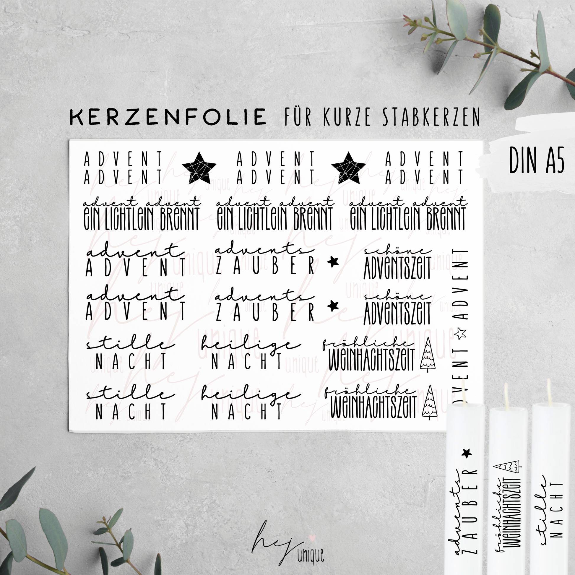 Kerzenfolie Schriftzüge Advent kurze Stabkerzen Warum du unsere Kerzenfolie lieben wirst:  ✔ Edle Premium-Folie mit hochwertiger Optik  ✔ Speziell für Kerzen entwickelt   ✔ Aktivierung des Klebers ganz einfach mit Wasser   ✔ Wischfest und langlebig bei sorgfältiger Verarbeitung  ✔ Besonders elastisch – passt sich Kerzenoberfläche optimal an  ✔ Gewerblich nutzbar – keine zusätzliche Lizenz nötig