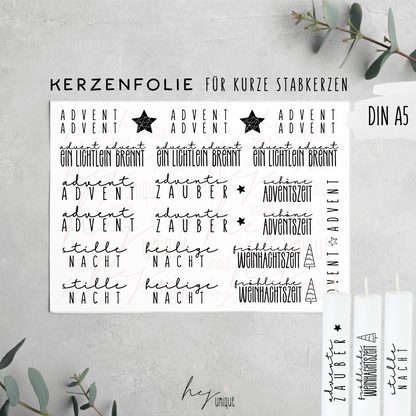 Kerzenfolie Schriftzüge Advent kurze Stabkerzen Warum du unsere Kerzenfolie lieben wirst:  ✔ Edle Premium-Folie mit hochwertiger Optik  ✔ Speziell für Kerzen entwickelt   ✔ Aktivierung des Klebers ganz einfach mit Wasser   ✔ Wischfest und langlebig bei sorgfältiger Verarbeitung  ✔ Besonders elastisch – passt sich Kerzenoberfläche optimal an  ✔ Gewerblich nutzbar – keine zusätzliche Lizenz nötig