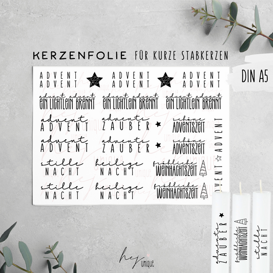 Kerzenfolie Schriftzüge Advent kurze Stabkerzen Warum du unsere Kerzenfolie lieben wirst:  ✔ Edle Premium-Folie mit hochwertiger Optik  ✔ Speziell für Kerzen entwickelt   ✔ Aktivierung des Klebers ganz einfach mit Wasser   ✔ Wischfest und langlebig bei sorgfältiger Verarbeitung  ✔ Besonders elastisch – passt sich Kerzenoberfläche optimal an  ✔ Gewerblich nutzbar – keine zusätzliche Lizenz nötig