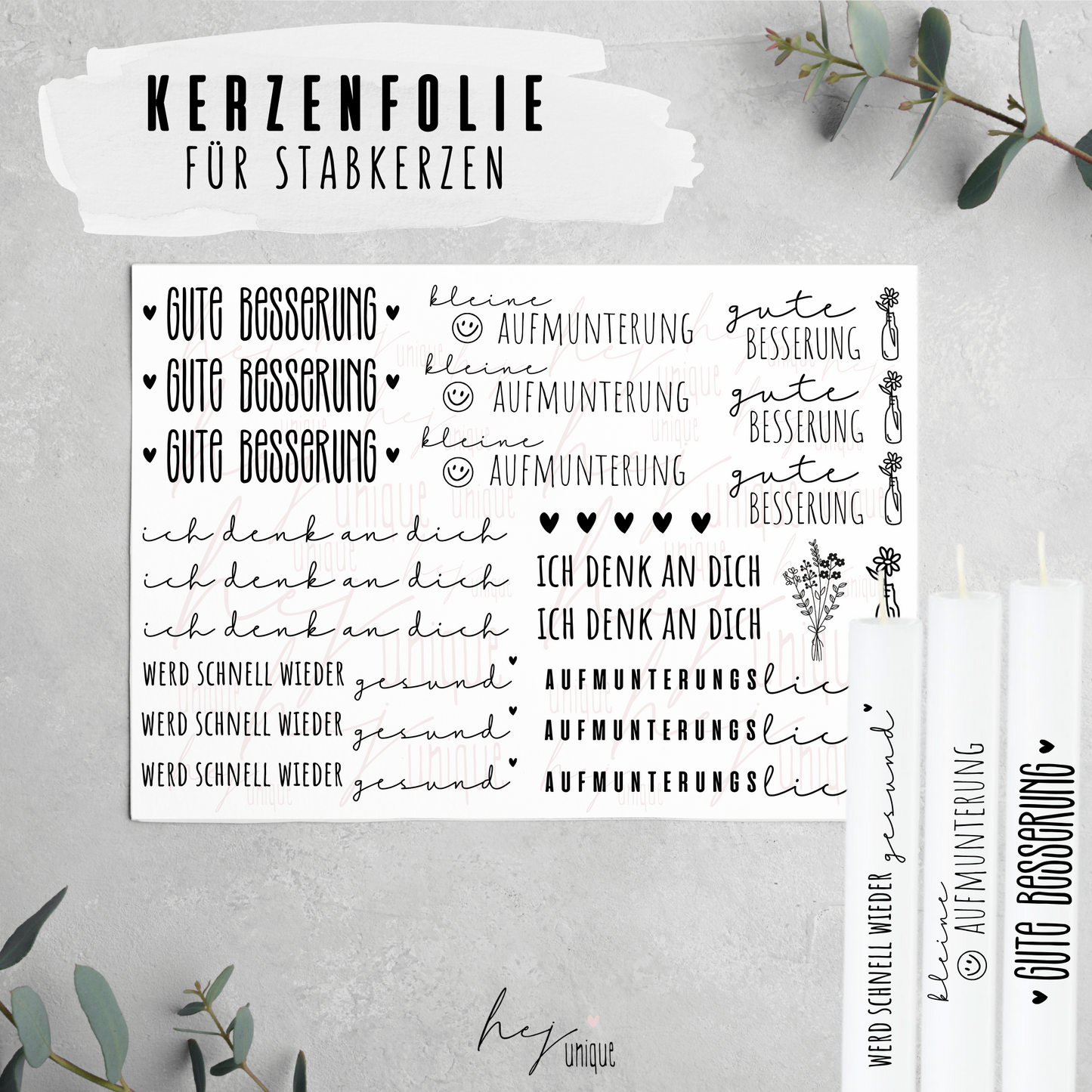 Kerzenfolie Gute Besserung DIY Kerzendeko Folie Warum du unsere Kerzenfolie lieben wirst:  ✔ Edle Premium-Folie mit hochwertiger Optik  ✔ Speziell für Kerzen entwickelt   ✔ Aktivierung des Klebers ganz einfach mit Wasser   ✔ Wischfest und langlebig bei sorgfältiger Verarbeitung  ✔ Besonders elastisch – passt sich Kerzenoberfläche optimal an  ✔ Gewerblich nutzbar – keine zusätzliche Lizenz nötig