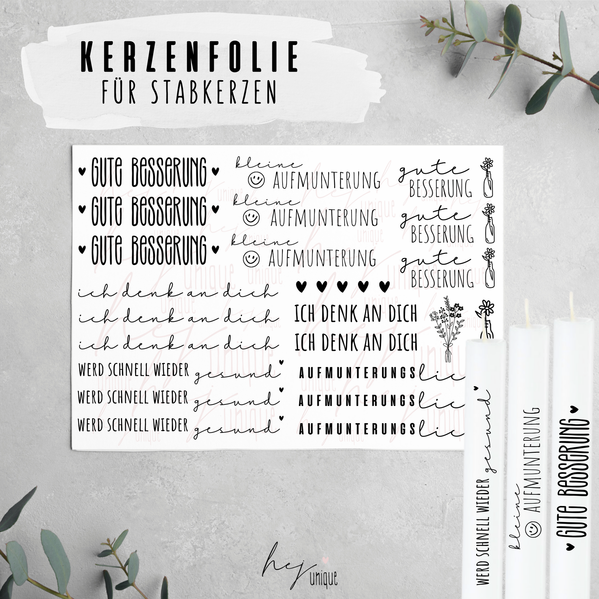 Kerzenfolie Gute Besserung DIY Kerzendeko Folie Warum du unsere Kerzenfolie lieben wirst:  ✔ Edle Premium-Folie mit hochwertiger Optik  ✔ Speziell für Kerzen entwickelt   ✔ Aktivierung des Klebers ganz einfach mit Wasser   ✔ Wischfest und langlebig bei sorgfältiger Verarbeitung  ✔ Besonders elastisch – passt sich Kerzenoberfläche optimal an  ✔ Gewerblich nutzbar – keine zusätzliche Lizenz nötig