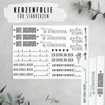 Kerzenfolie Gute Besserung DIY Kerzendeko Folie Warum du unsere Kerzenfolie lieben wirst:  ✔ Edle Premium-Folie mit hochwertiger Optik  ✔ Speziell für Kerzen entwickelt   ✔ Aktivierung des Klebers ganz einfach mit Wasser   ✔ Wischfest und langlebig bei sorgfältiger Verarbeitung  ✔ Besonders elastisch – passt sich Kerzenoberfläche optimal an  ✔ Gewerblich nutzbar – keine zusätzliche Lizenz nötig