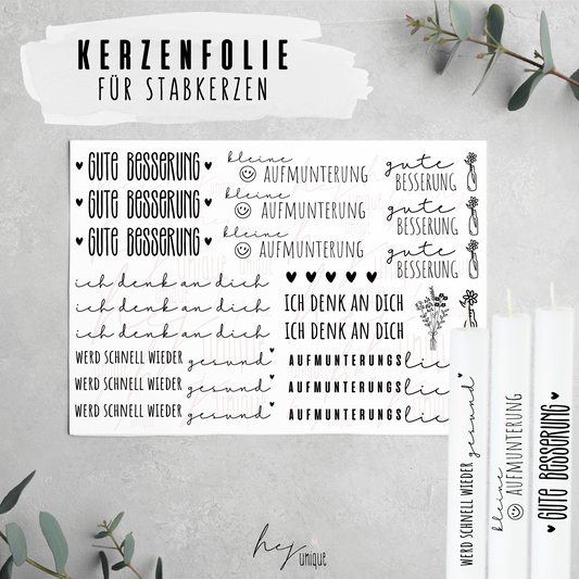 Kerzenfolie Gute Besserung DIY Kerzendeko Folie Warum du unsere Kerzenfolie lieben wirst:  ✔ Edle Premium-Folie mit hochwertiger Optik  ✔ Speziell für Kerzen entwickelt   ✔ Aktivierung des Klebers ganz einfach mit Wasser   ✔ Wischfest und langlebig bei sorgfältiger Verarbeitung  ✔ Besonders elastisch – passt sich Kerzenoberfläche optimal an  ✔ Gewerblich nutzbar – keine zusätzliche Lizenz nötig