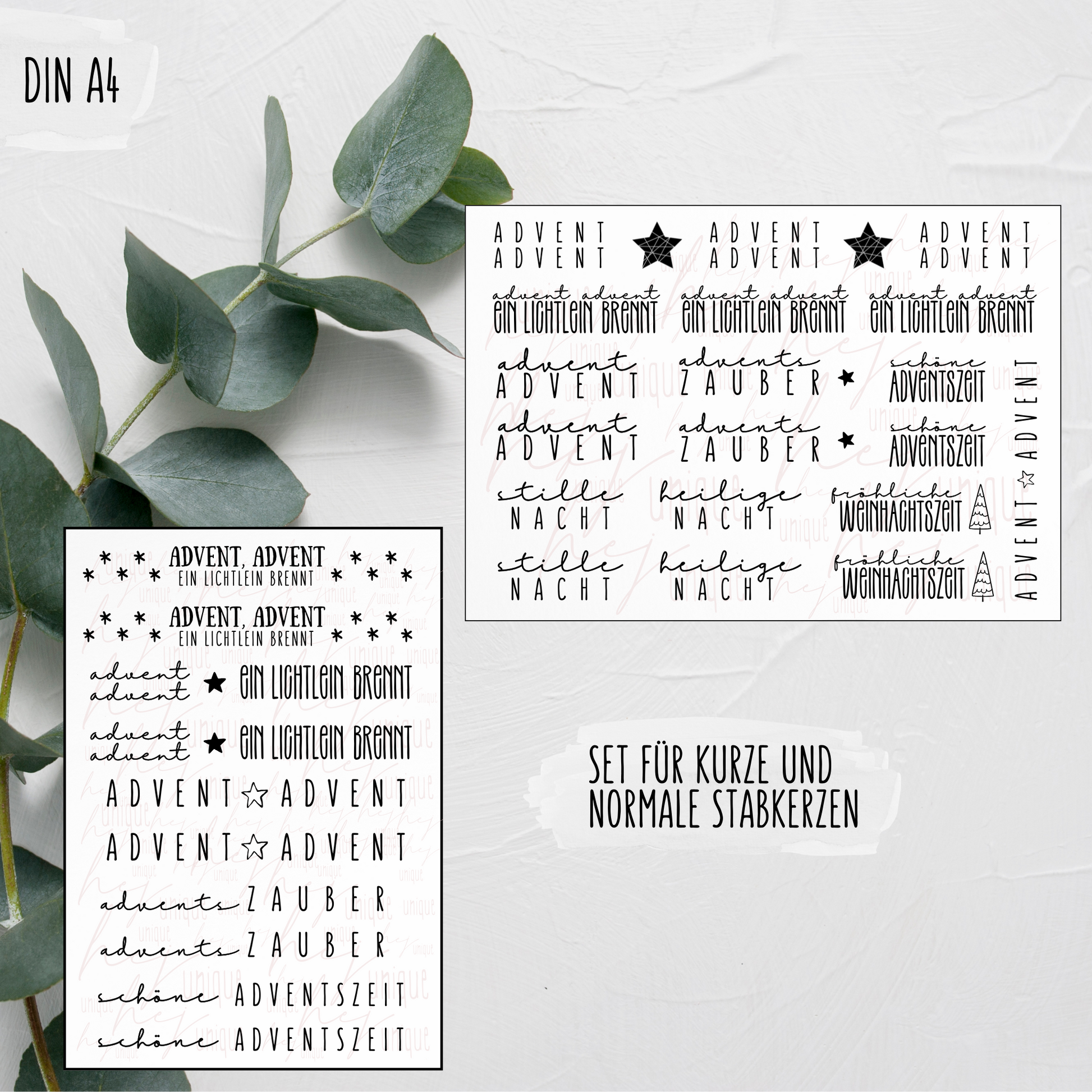 Kerzenfolie Schriftzüge Advent Advent Warum du unsere Kerzenfolie lieben wirst:  ✔ Edle Premium-Folie mit hochwertiger Optik  ✔ Speziell für Kerzen entwickelt   ✔ Aktivierung des Klebers ganz einfach mit Wasser   ✔ Wischfest und langlebig bei sorgfältiger Verarbeitung  ✔ Besonders elastisch – passt sich Kerzenoberfläche optimal an  ✔ Gewerblich nutzbar – keine zusätzliche Lizenz nötig