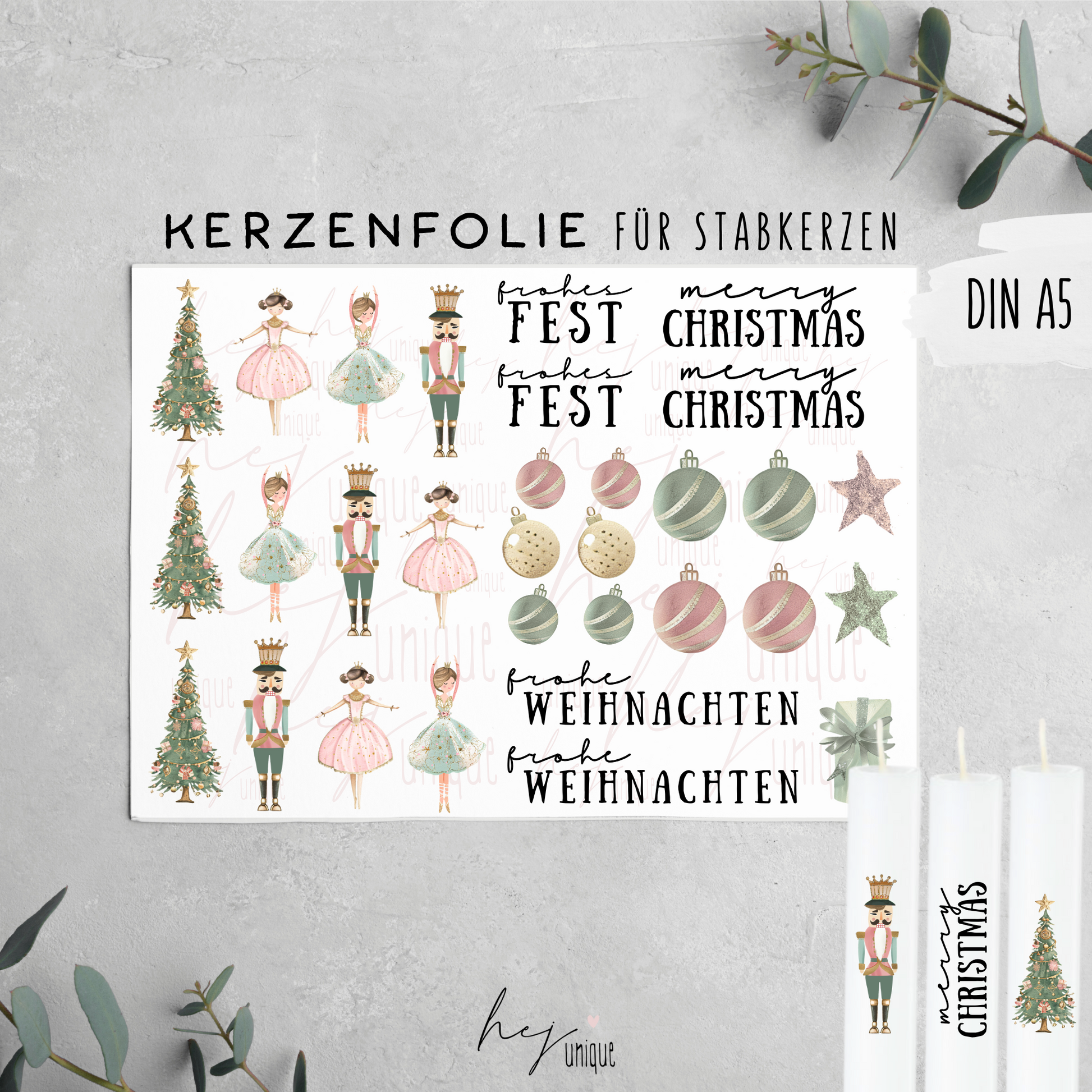 Kerzenfolie Pastell Christmas Warum du unsere Kerzenfolie lieben wirst:  ✔ Edle Premium-Folie mit hochwertiger Optik  ✔ Speziell für Kerzen entwickelt   ✔ Aktivierung des Klebers ganz einfach mit Wasser   ✔ Wischfest und langlebig bei sorgfältiger Verarbeitung  ✔ Besonders elastisch – passt sich Kerzenoberfläche optimal an  ✔ Gewerblich nutzbar – keine zusätzliche Lizenz nötig