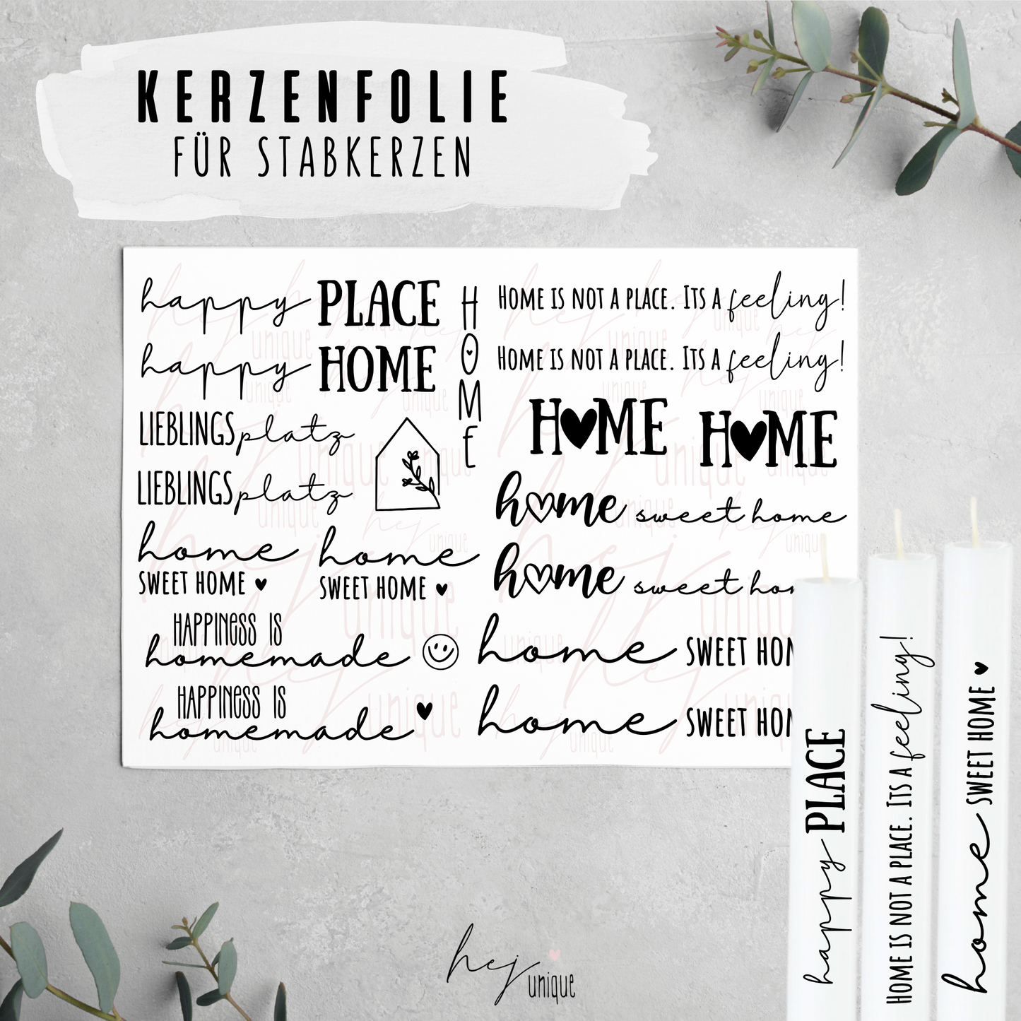 Kerzenfolie Home für Stumpenkerzen Warum du unsere Kerzenfolie lieben wirst:  ✔ Edle Premium-Folie mit hochwertiger Optik  ✔ Speziell für Kerzen entwickelt   ✔ Aktivierung des Klebers ganz einfach mit Wasser   ✔ Wischfest und langlebig bei sorgfältiger Verarbeitung  ✔ Besonders elastisch – passt sich Kerzenoberfläche optimal an  ✔ Gewerblich nutzbar – keine zusätzliche Lizenz nötig