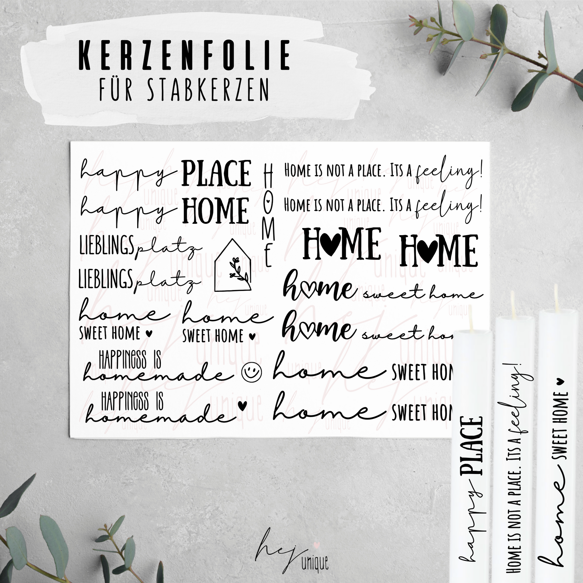 Kerzenfolie Home für Stumpenkerzen Warum du unsere Kerzenfolie lieben wirst:  ✔ Edle Premium-Folie mit hochwertiger Optik  ✔ Speziell für Kerzen entwickelt   ✔ Aktivierung des Klebers ganz einfach mit Wasser   ✔ Wischfest und langlebig bei sorgfältiger Verarbeitung  ✔ Besonders elastisch – passt sich Kerzenoberfläche optimal an  ✔ Gewerblich nutzbar – keine zusätzliche Lizenz nötig