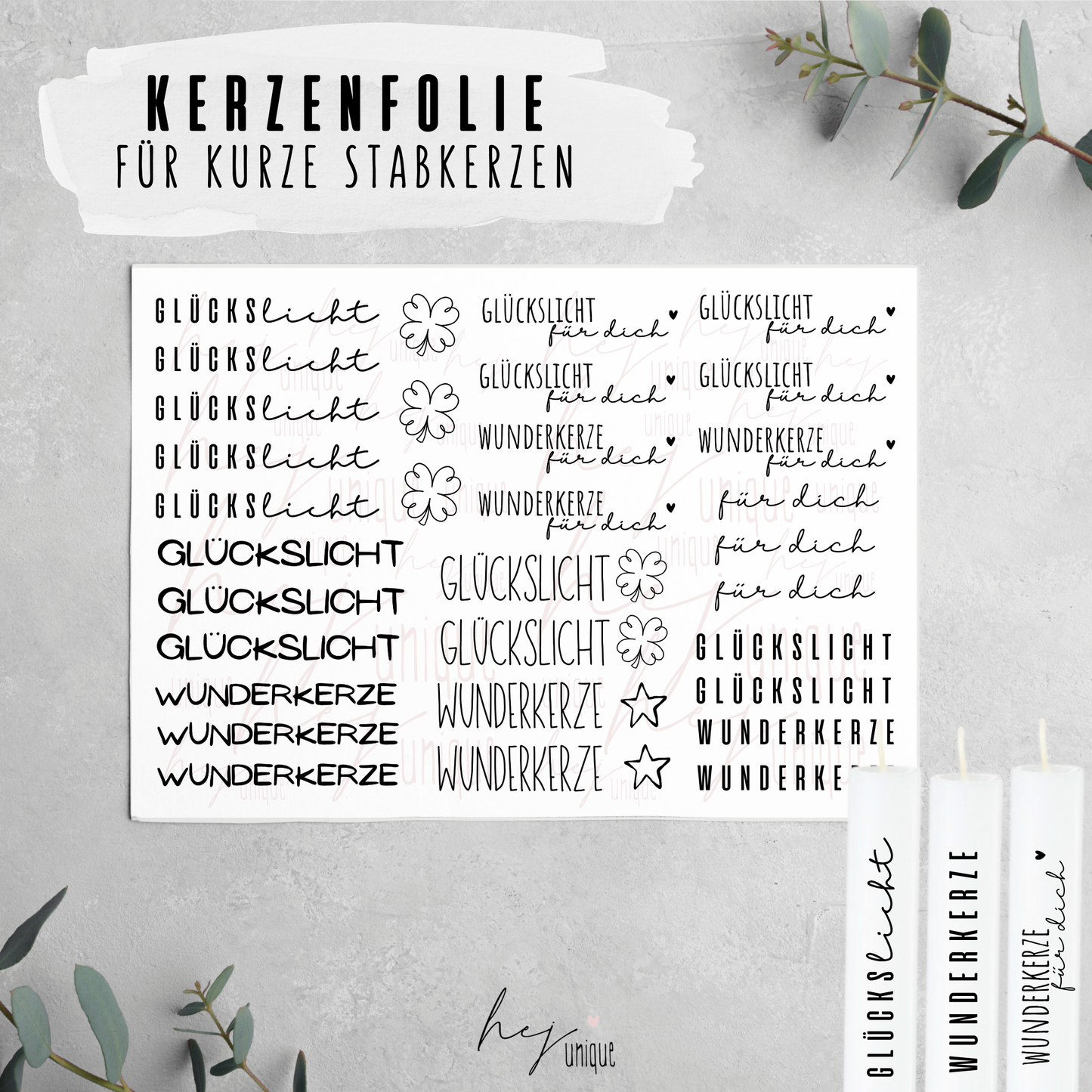 Kerzenfolie Glückslicht kurze Kerzen Warum du unsere Kerzenfolie lieben wirst:  ✔ Edle Premium-Folie mit hochwertiger Optik  ✔ Speziell für Kerzen entwickelt   ✔ Aktivierung des Klebers ganz einfach mit Wasser   ✔ Wischfest und langlebig bei sorgfältiger Verarbeitung  ✔ Besonders elastisch – passt sich Kerzenoberfläche optimal an  ✔ Gewerblich nutzbar – keine zusätzliche Lizenz nötig