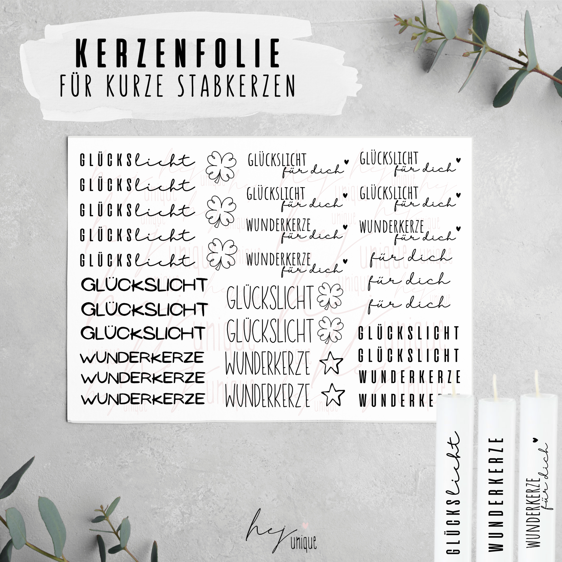 Kerzenfolie Glückslicht kurze Kerzen Warum du unsere Kerzenfolie lieben wirst:  ✔ Edle Premium-Folie mit hochwertiger Optik  ✔ Speziell für Kerzen entwickelt   ✔ Aktivierung des Klebers ganz einfach mit Wasser   ✔ Wischfest und langlebig bei sorgfältiger Verarbeitung  ✔ Besonders elastisch – passt sich Kerzenoberfläche optimal an  ✔ Gewerblich nutzbar – keine zusätzliche Lizenz nötig