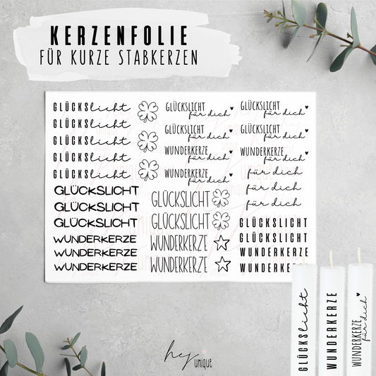 Kerzenfolie Glückslicht kurze Kerzen Warum du unsere Kerzenfolie lieben wirst:  ✔ Edle Premium-Folie mit hochwertiger Optik  ✔ Speziell für Kerzen entwickelt   ✔ Aktivierung des Klebers ganz einfach mit Wasser   ✔ Wischfest und langlebig bei sorgfältiger Verarbeitung  ✔ Besonders elastisch – passt sich Kerzenoberfläche optimal an  ✔ Gewerblich nutzbar – keine zusätzliche Lizenz nötig