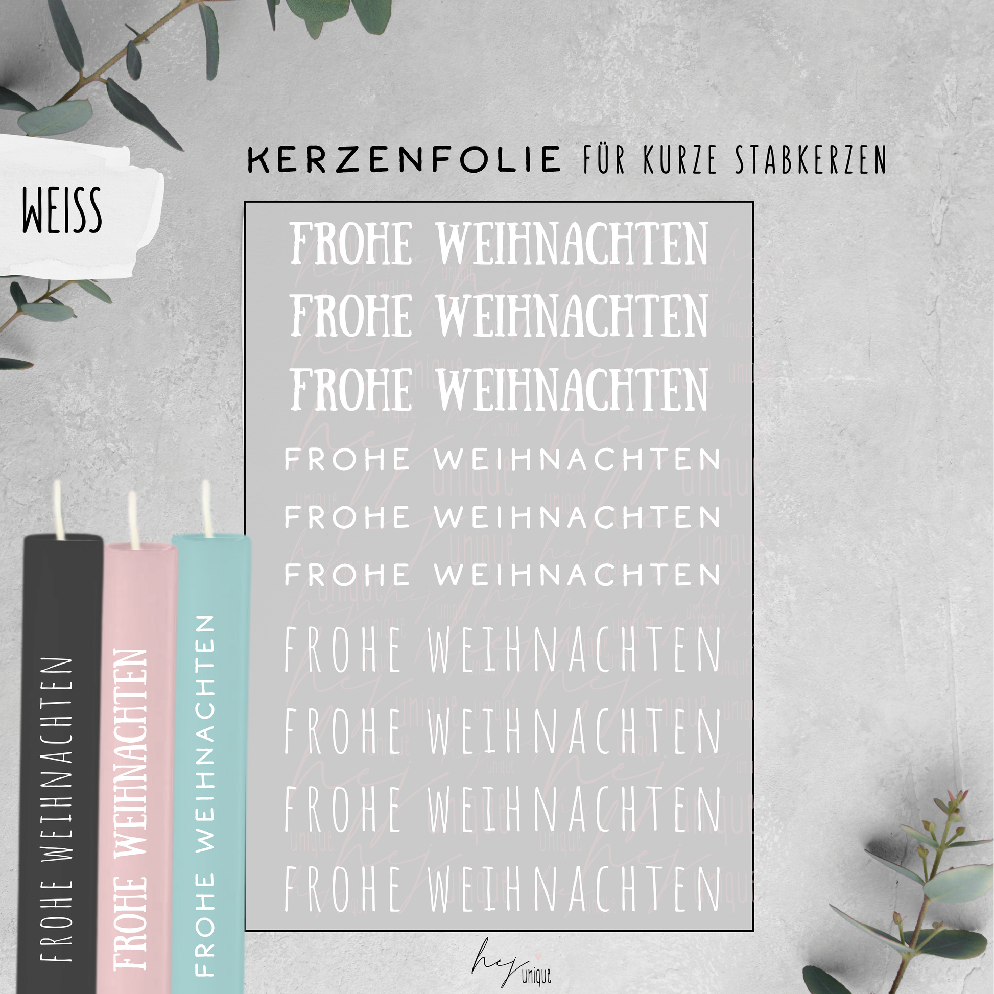 Kerzenfolie Schriftzüge Frohe Weihnachten Warum du unsere Kerzenfolie lieben wirst:  ✔ Edle Premium-Folie mit hochwertiger Optik  ✔ Speziell für Kerzen entwickelt   ✔ Aktivierung des Klebers ganz einfach mit Wasser   ✔ Wischfest und langlebig bei sorgfältiger Verarbeitung  ✔ Besonders elastisch – passt sich Kerzenoberfläche optimal an  ✔ Gewerblich nutzbar – keine zusätzliche Lizenz nötig