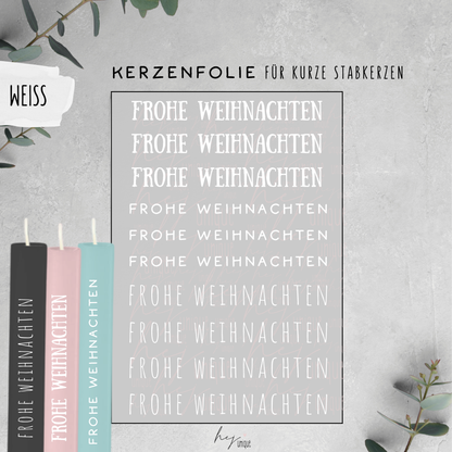 Kerzenfolie Schriftzüge Frohe Weihnachten Warum du unsere Kerzenfolie lieben wirst:  ✔ Edle Premium-Folie mit hochwertiger Optik  ✔ Speziell für Kerzen entwickelt   ✔ Aktivierung des Klebers ganz einfach mit Wasser   ✔ Wischfest und langlebig bei sorgfältiger Verarbeitung  ✔ Besonders elastisch – passt sich Kerzenoberfläche optimal an  ✔ Gewerblich nutzbar – keine zusätzliche Lizenz nötig