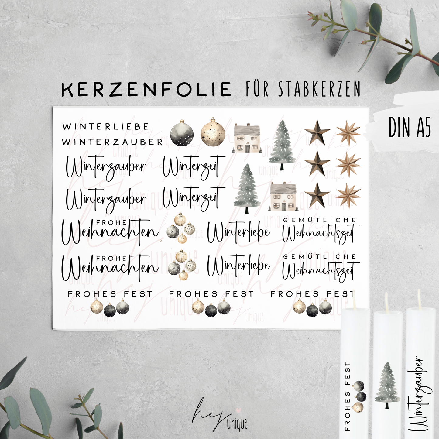 Kerzenfolie Winterzauber Warum du unsere Kerzenfolie lieben wirst:  ✔ Edle Premium-Folie mit hochwertiger Optik  ✔ Speziell für Kerzen entwickelt   ✔ Aktivierung des Klebers ganz einfach mit Wasser   ✔ Wischfest und langlebig bei sorgfältiger Verarbeitung  ✔ Besonders elastisch – passt sich Kerzenoberfläche optimal an  ✔ Gewerblich nutzbar – keine zusätzliche Lizenz nötig