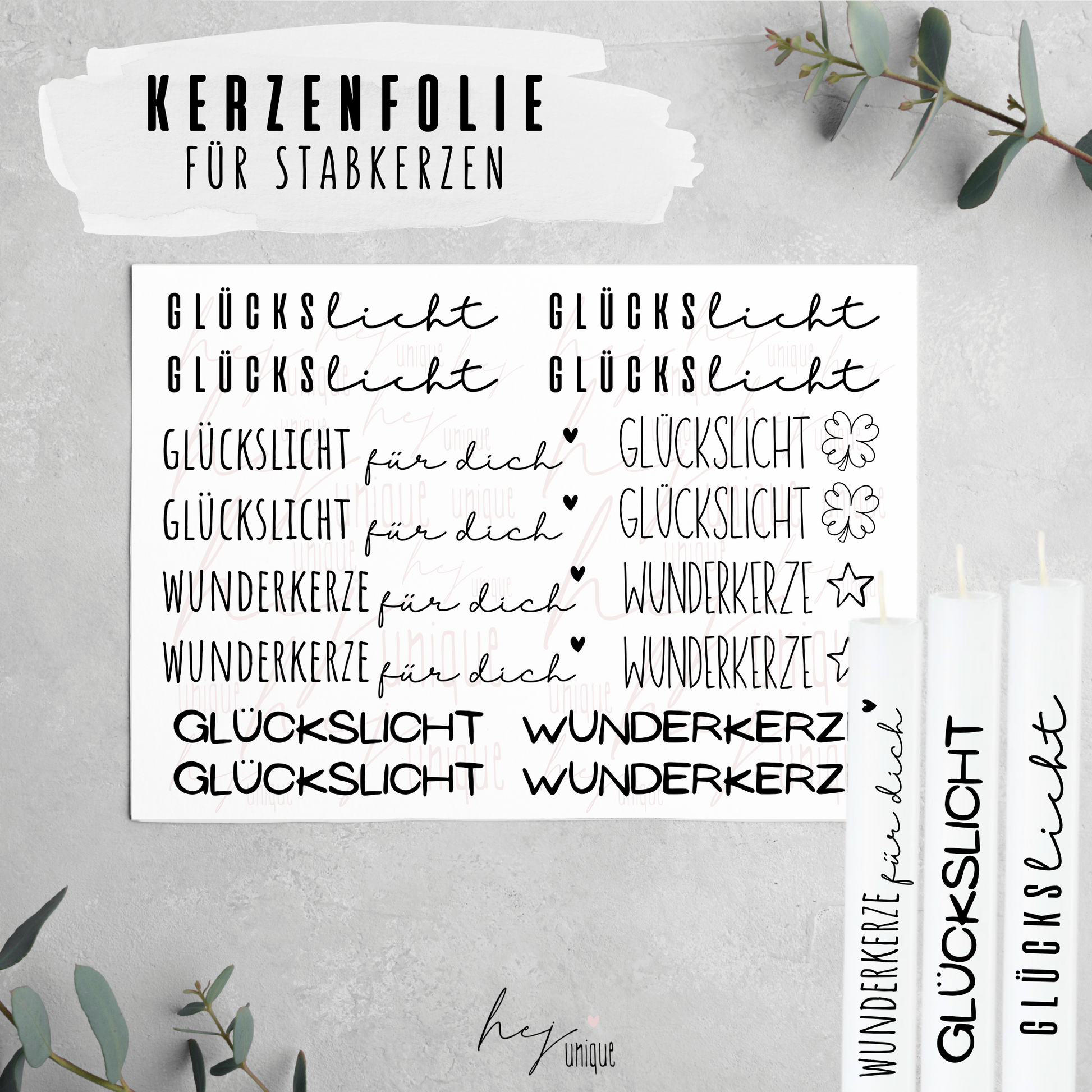 Kerzenfolie Glückslicht Kerzenfolie für Stumpenkerzen  Warum du unsere Kerzenfolie lieben wirst:  ✔ Edle Premium-Folie mit hochwertiger Optik  ✔ Speziell für Kerzen entwickelt   ✔ Aktivierung des Klebers ganz einfach mit Wasser   ✔ Wischfest und langlebig bei sorgfältiger Verarbeitung  ✔ Besonders elastisch – passt sich Kerzenoberfläche optimal an  ✔ Gewerblich nutzbar – keine zusätzliche Lizenz nötig