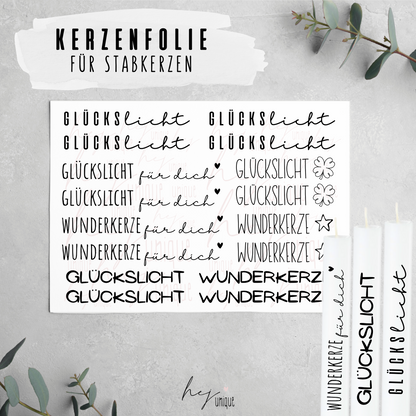 Kerzenfolie Glückslicht Kerzenfolie für Stumpenkerzen  Warum du unsere Kerzenfolie lieben wirst:  ✔ Edle Premium-Folie mit hochwertiger Optik  ✔ Speziell für Kerzen entwickelt   ✔ Aktivierung des Klebers ganz einfach mit Wasser   ✔ Wischfest und langlebig bei sorgfältiger Verarbeitung  ✔ Besonders elastisch – passt sich Kerzenoberfläche optimal an  ✔ Gewerblich nutzbar – keine zusätzliche Lizenz nötig