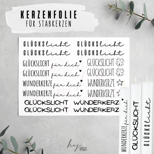 Kerzenfolie Glückslicht Kerzenfolie für Stumpenkerzen  Warum du unsere Kerzenfolie lieben wirst:  ✔ Edle Premium-Folie mit hochwertiger Optik  ✔ Speziell für Kerzen entwickelt   ✔ Aktivierung des Klebers ganz einfach mit Wasser   ✔ Wischfest und langlebig bei sorgfältiger Verarbeitung  ✔ Besonders elastisch – passt sich Kerzenoberfläche optimal an  ✔ Gewerblich nutzbar – keine zusätzliche Lizenz nötig