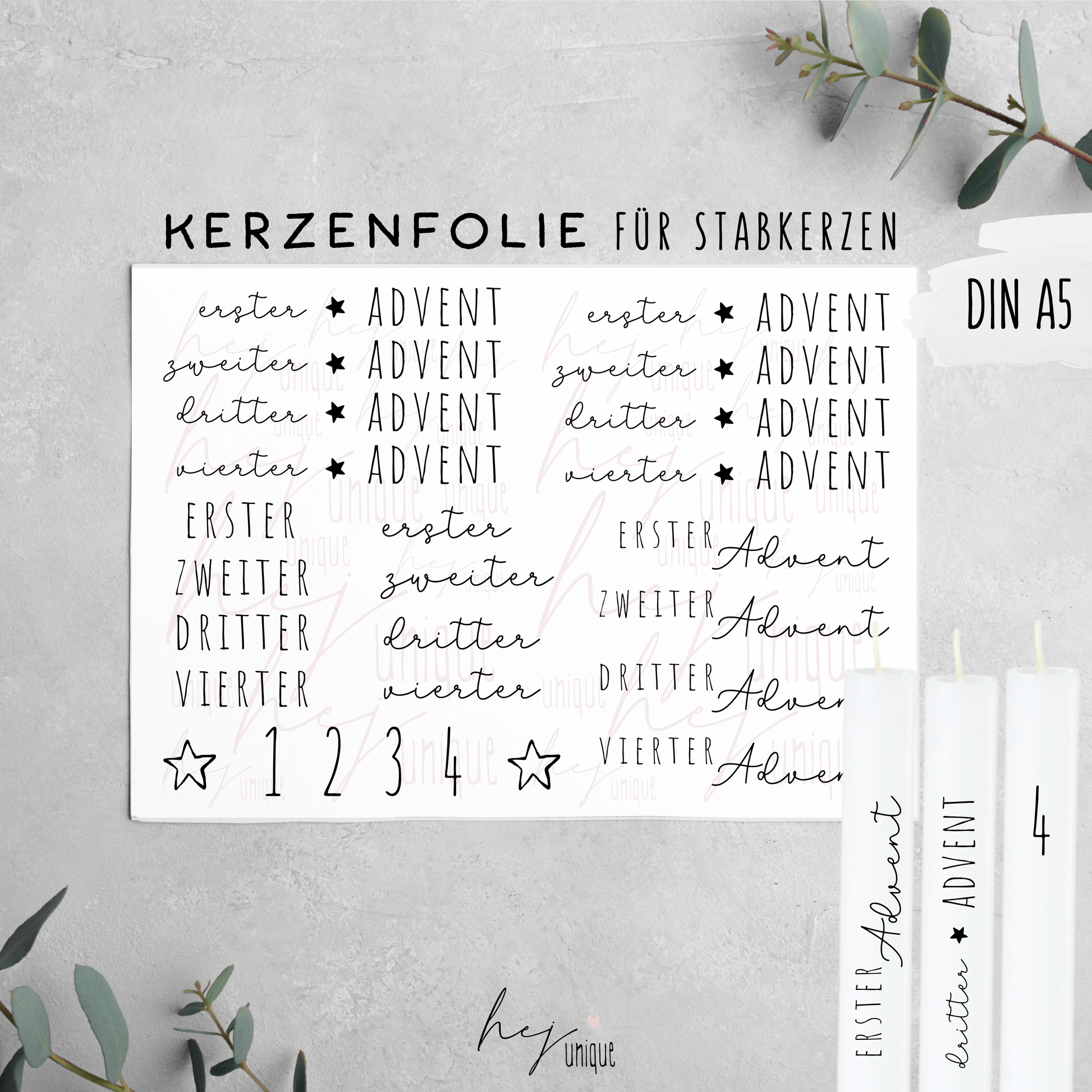 Kerzenfolie Adventskerzen zahlen Kerzen Warum du unsere Kerzenfolie lieben wirst:  ✔ Edle Premium-Folie mit hochwertiger Optik  ✔ Speziell für Kerzen entwickelt   ✔ Aktivierung des Klebers ganz einfach mit Wasser   ✔ Wischfest und langlebig bei sorgfältiger Verarbeitung  ✔ Besonders elastisch – passt sich Kerzenoberfläche optimal an  ✔ Gewerblich nutzbar – keine zusätzliche Lizenz nötig