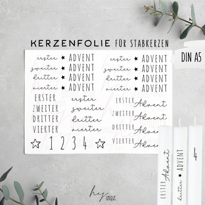 Kerzenfolie Adventskerzen zahlen Kerzen Warum du unsere Kerzenfolie lieben wirst:  ✔ Edle Premium-Folie mit hochwertiger Optik  ✔ Speziell für Kerzen entwickelt   ✔ Aktivierung des Klebers ganz einfach mit Wasser   ✔ Wischfest und langlebig bei sorgfältiger Verarbeitung  ✔ Besonders elastisch – passt sich Kerzenoberfläche optimal an  ✔ Gewerblich nutzbar – keine zusätzliche Lizenz nötig