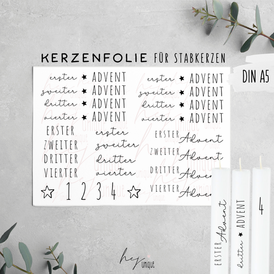 Kerzenfolie Adventskerzen zahlen Kerzen Warum du unsere Kerzenfolie lieben wirst:  ✔ Edle Premium-Folie mit hochwertiger Optik  ✔ Speziell für Kerzen entwickelt   ✔ Aktivierung des Klebers ganz einfach mit Wasser   ✔ Wischfest und langlebig bei sorgfältiger Verarbeitung  ✔ Besonders elastisch – passt sich Kerzenoberfläche optimal an  ✔ Gewerblich nutzbar – keine zusätzliche Lizenz nötig