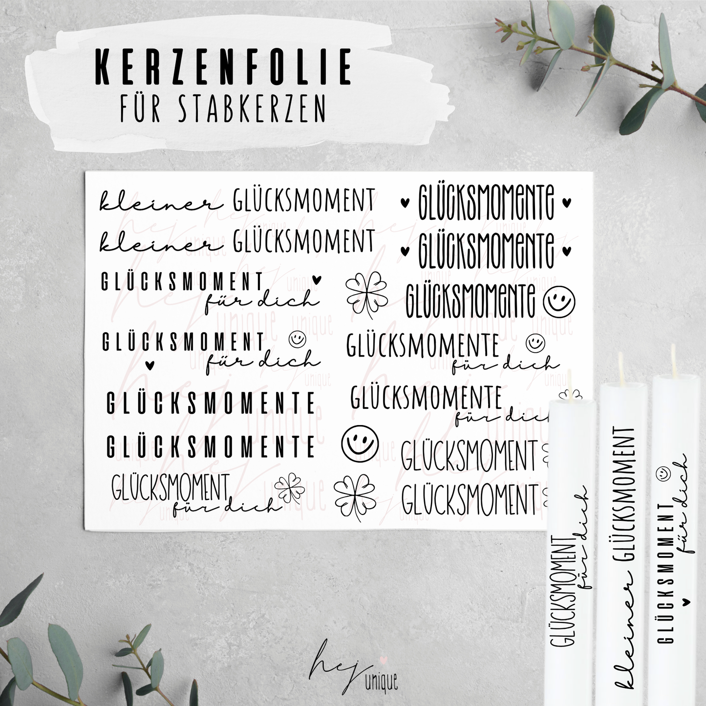 Kerzenfolie Glücksmoment DIY Folie  Warum du unsere Kerzenfolie lieben wirst:  ✔ Edle Premium-Folie mit hochwertiger Optik  ✔ Speziell für Kerzen entwickelt   ✔ Aktivierung des Klebers ganz einfach mit Wasser   ✔ Wischfest und langlebig bei sorgfältiger Verarbeitung  ✔ Besonders elastisch – passt sich Kerzenoberfläche optimal an  ✔ Gewerblich nutzbar – keine zusätzliche Lizenz nötig