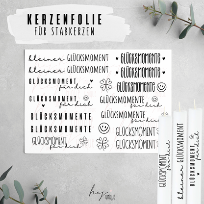 Kerzenfolie Glücksmoment DIY Folie  Warum du unsere Kerzenfolie lieben wirst:  ✔ Edle Premium-Folie mit hochwertiger Optik  ✔ Speziell für Kerzen entwickelt   ✔ Aktivierung des Klebers ganz einfach mit Wasser   ✔ Wischfest und langlebig bei sorgfältiger Verarbeitung  ✔ Besonders elastisch – passt sich Kerzenoberfläche optimal an  ✔ Gewerblich nutzbar – keine zusätzliche Lizenz nötig