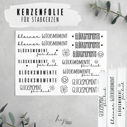 Kerzenfolie Glücksmoment DIY Folie  Warum du unsere Kerzenfolie lieben wirst:  ✔ Edle Premium-Folie mit hochwertiger Optik  ✔ Speziell für Kerzen entwickelt   ✔ Aktivierung des Klebers ganz einfach mit Wasser   ✔ Wischfest und langlebig bei sorgfältiger Verarbeitung  ✔ Besonders elastisch – passt sich Kerzenoberfläche optimal an  ✔ Gewerblich nutzbar – keine zusätzliche Lizenz nötig