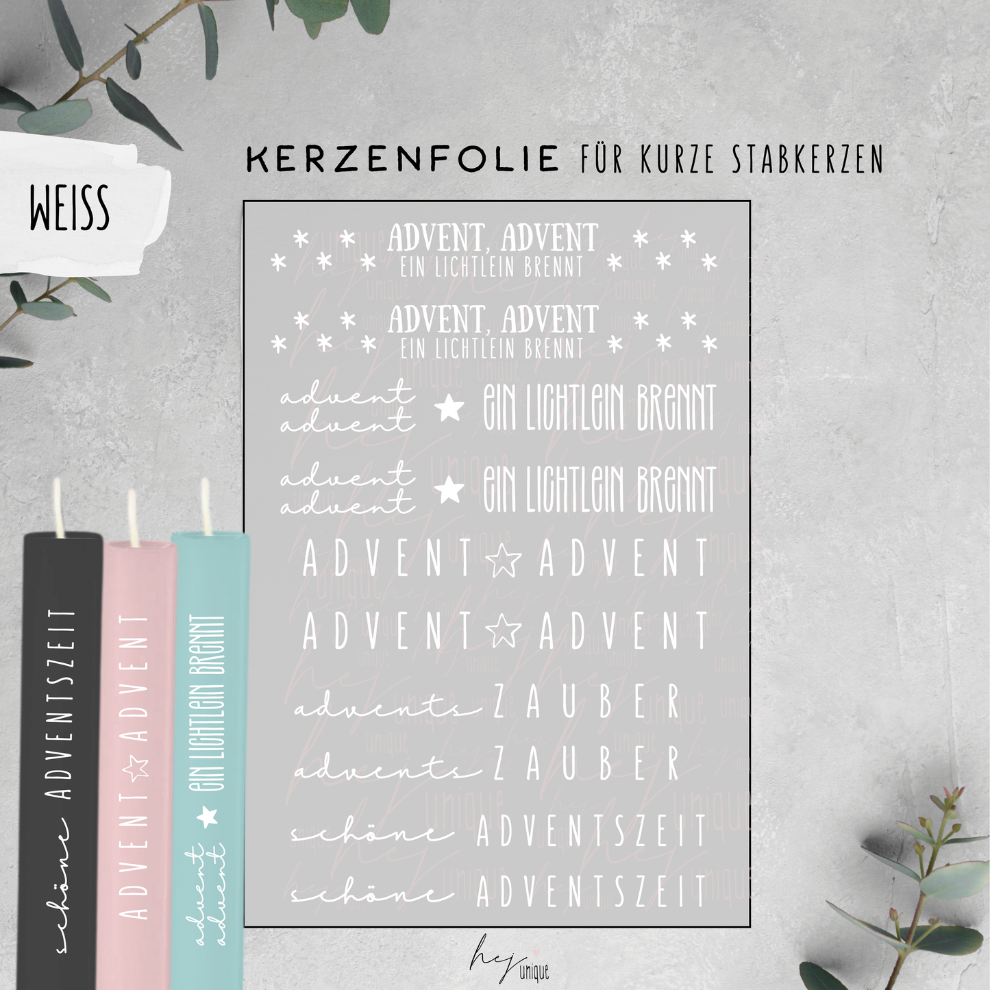 Kerzenfolie Schriftzüge Advent Advent Warum du unsere Kerzenfolie lieben wirst:  ✔ Edle Premium-Folie mit hochwertiger Optik  ✔ Speziell für Kerzen entwickelt   ✔ Aktivierung des Klebers ganz einfach mit Wasser   ✔ Wischfest und langlebig bei sorgfältiger Verarbeitung  ✔ Besonders elastisch – passt sich Kerzenoberfläche optimal an  ✔ Gewerblich nutzbar – keine zusätzliche Lizenz nötig