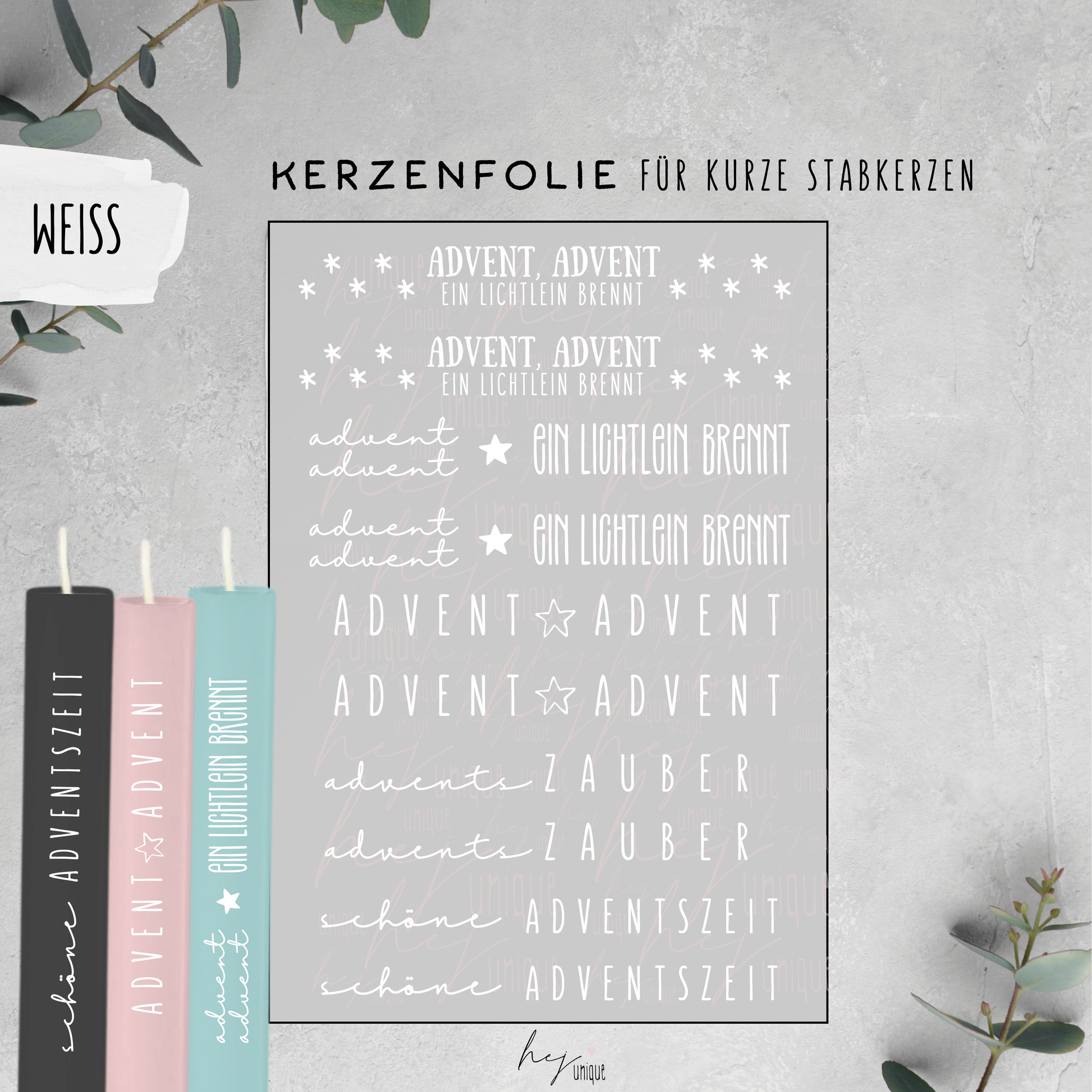 Kerzenfolie Schriftzüge Advent Advent Warum du unsere Kerzenfolie lieben wirst:  ✔ Edle Premium-Folie mit hochwertiger Optik  ✔ Speziell für Kerzen entwickelt   ✔ Aktivierung des Klebers ganz einfach mit Wasser   ✔ Wischfest und langlebig bei sorgfältiger Verarbeitung  ✔ Besonders elastisch – passt sich Kerzenoberfläche optimal an  ✔ Gewerblich nutzbar – keine zusätzliche Lizenz nötig