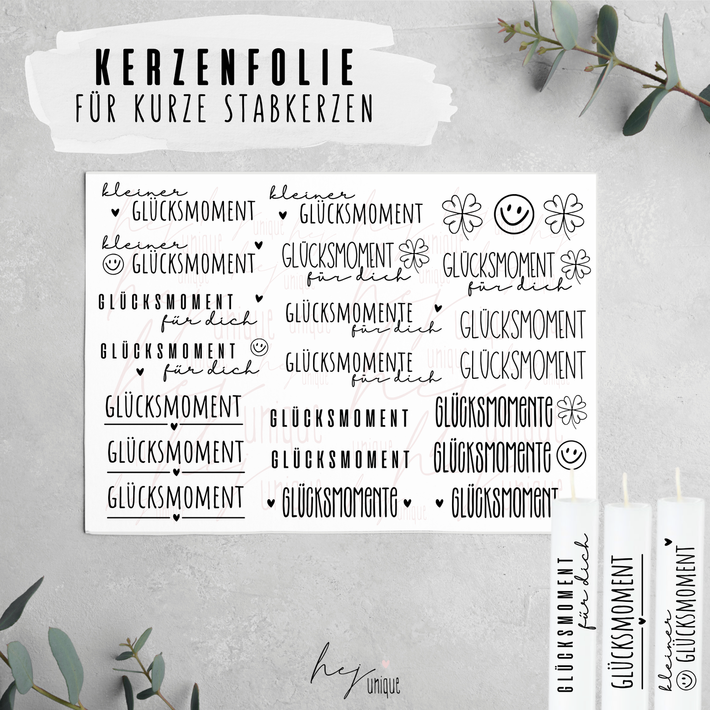 Kerzenfolie Glücksmoment kurze Kerzen Warum du unsere Kerzenfolie lieben wirst:  ✔ Edle Premium-Folie mit hochwertiger Optik  ✔ Speziell für Kerzen entwickelt   ✔ Aktivierung des Klebers ganz einfach mit Wasser   ✔ Wischfest und langlebig bei sorgfältiger Verarbeitung  ✔ Besonders elastisch – passt sich Kerzenoberfläche optimal an  ✔ Gewerblich nutzbar – keine zusätzliche Lizenz nötig