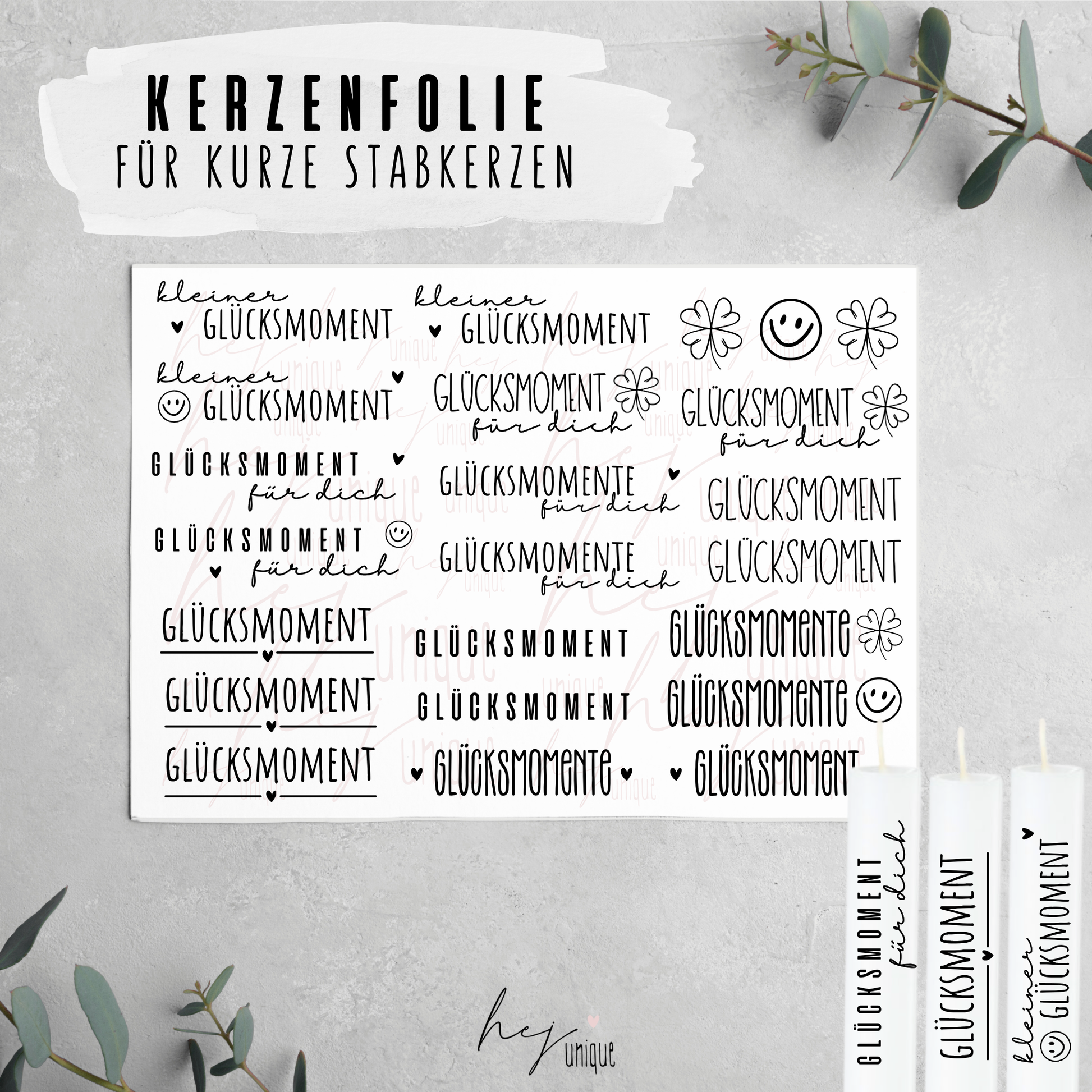 Kerzenfolie Glücksmoment kurze Kerzen Warum du unsere Kerzenfolie lieben wirst:  ✔ Edle Premium-Folie mit hochwertiger Optik  ✔ Speziell für Kerzen entwickelt   ✔ Aktivierung des Klebers ganz einfach mit Wasser   ✔ Wischfest und langlebig bei sorgfältiger Verarbeitung  ✔ Besonders elastisch – passt sich Kerzenoberfläche optimal an  ✔ Gewerblich nutzbar – keine zusätzliche Lizenz nötig