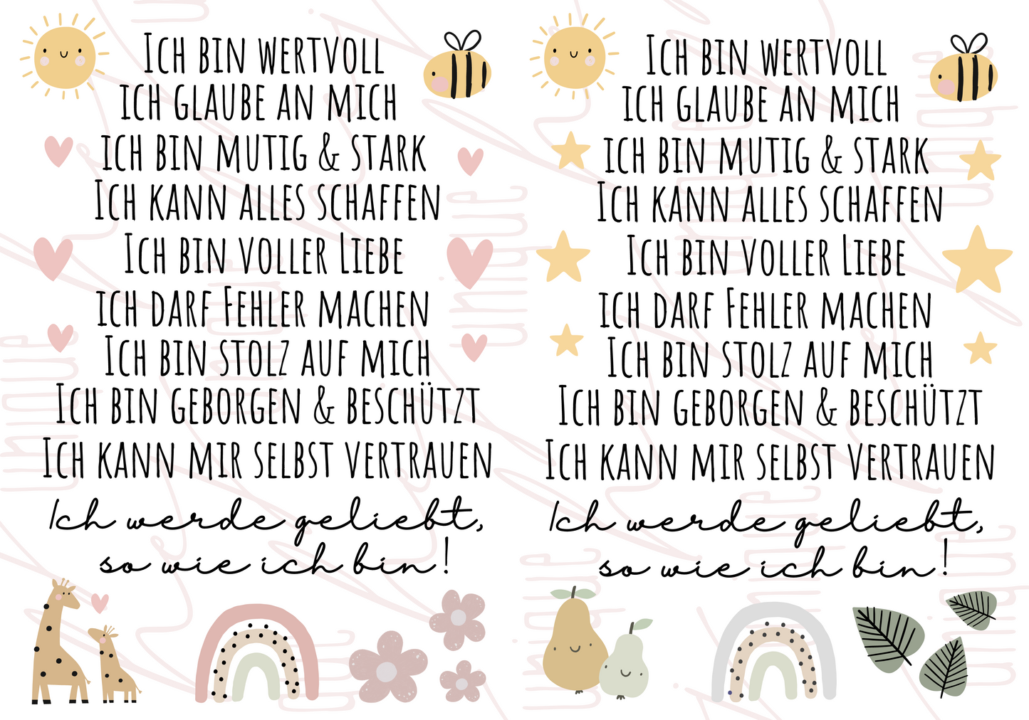 Rub On Aufkleber Affirmationen zweimal A6 & A5 Warum du unsere Rub-Ons lieben wirst:  ✔ Randloser Premium-Look   ✔ Besondere Haptik   ✔ Präzise Platzierung dank transparenter Trägerfolie  ✔ Wasser- und kratzfest // Hitze- und UV-beständig   ✔ Starke Haftung auf Glas, Keramik, Holz, Raysin u.v.m.  ✔ Langlebig und hochwertig verarbeitet  ✔ Auch gewerblich nutzbar – keine zusätzliche Lizenz nötig